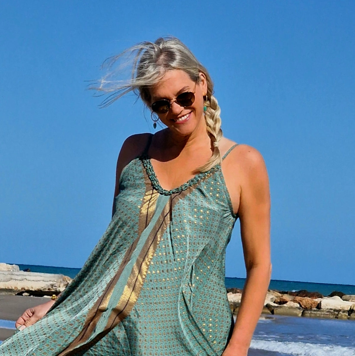 Seiden-Sommerkleid türkis/gold