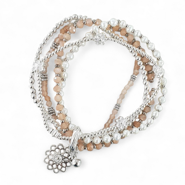 Armband-Set Oranger Mondstein/Perle