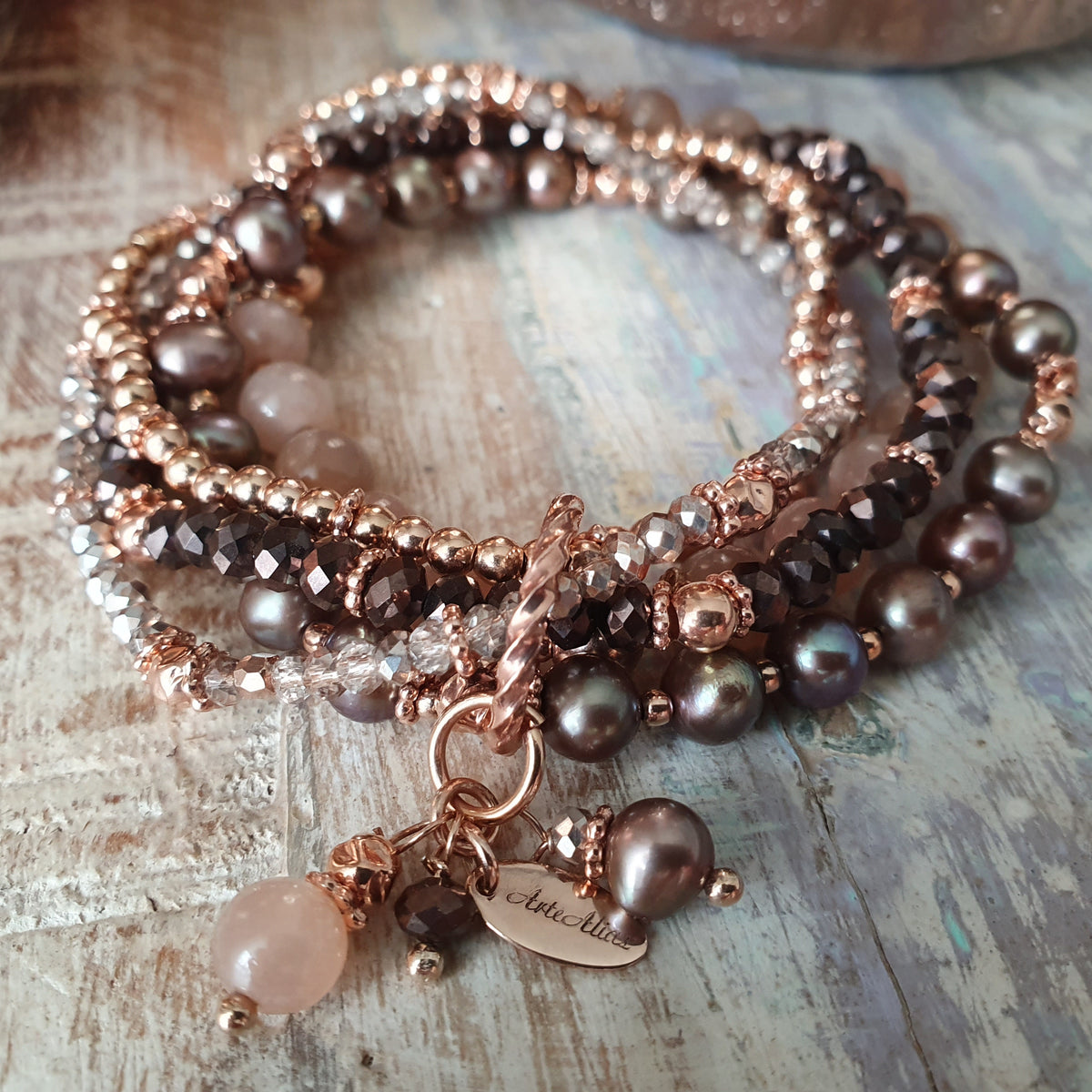 Armband-Set Süsswasser- / Glasschliff- / Mondstein-  & Roségoldperlen or