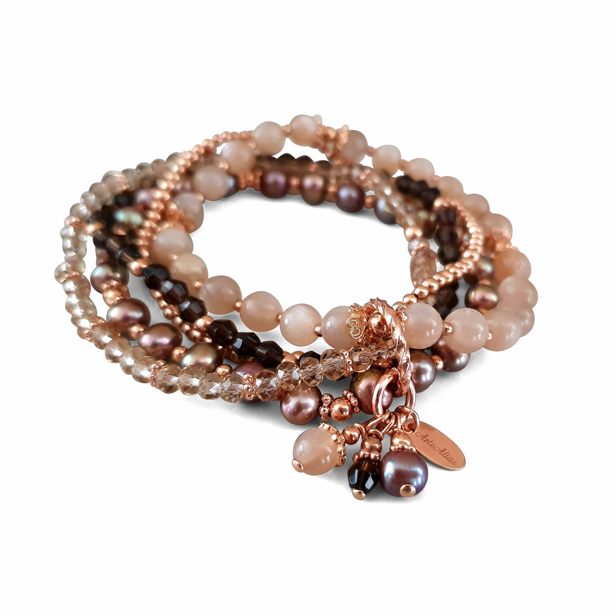 Armband-Set Süsswasser- / Glasschliff- / Mondstein-  & Roségoldperlen or